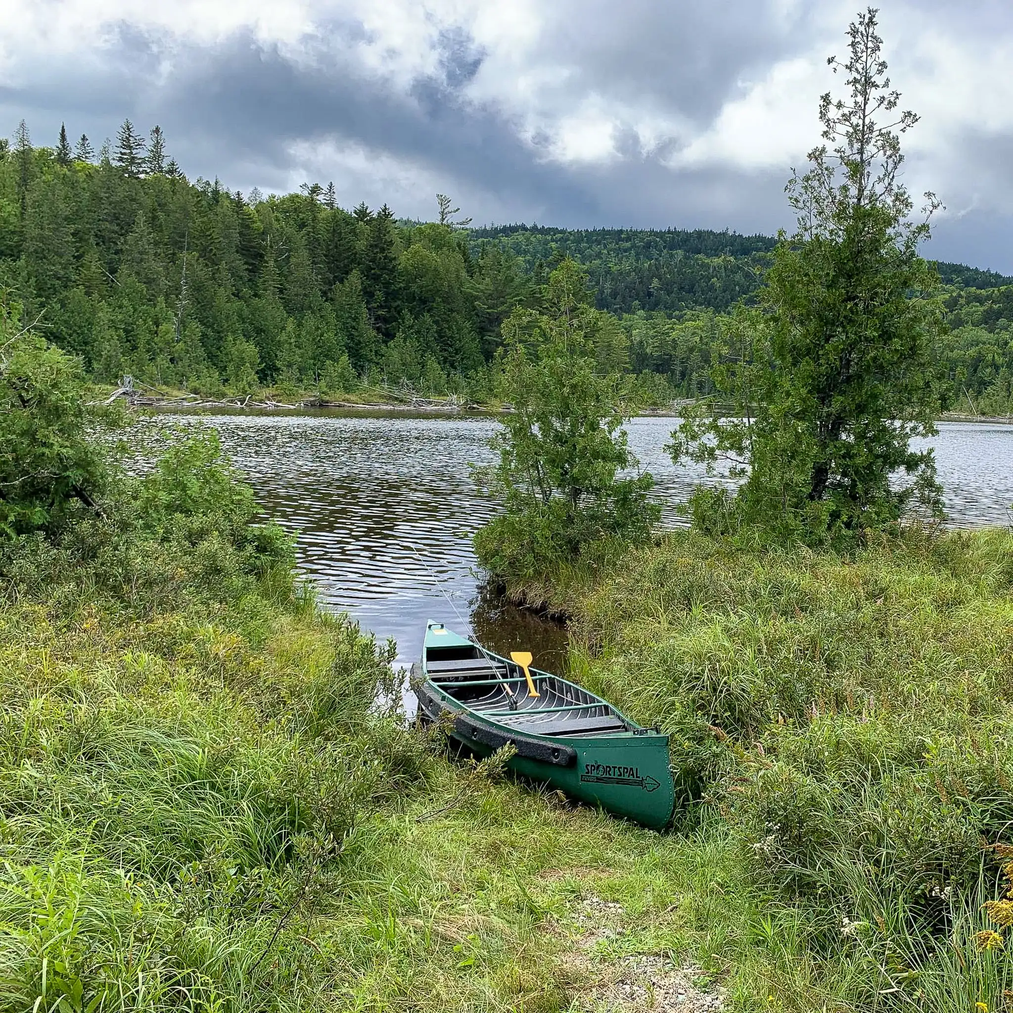 A canoe at the edge of a lake on a cloudy day.